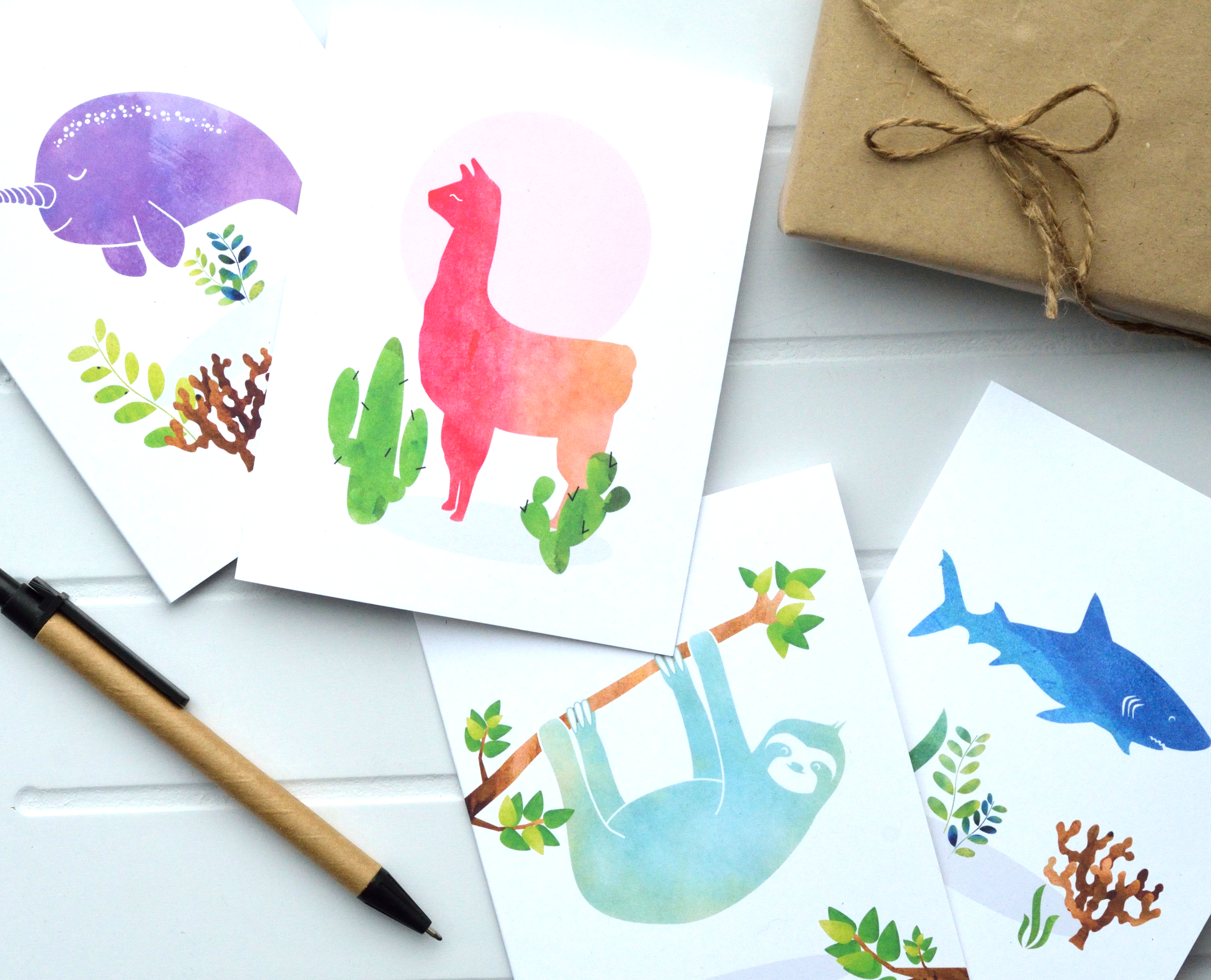 Llama Sloth Narwhal Shark Blank Greeting Cards