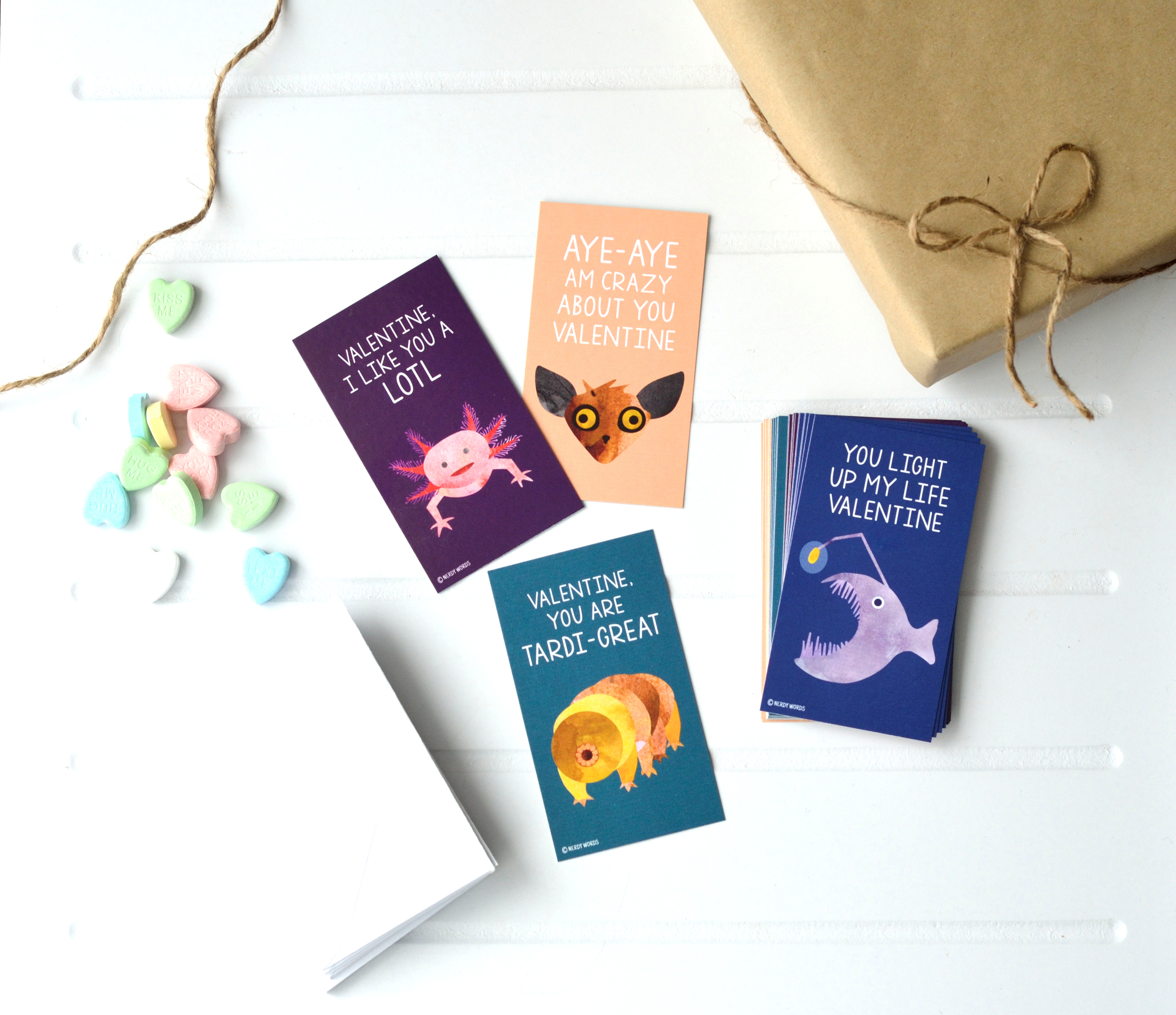 Strange Animal Valentines - Tardigrade, Axolotl, Angler Fish, Aye-Aye
