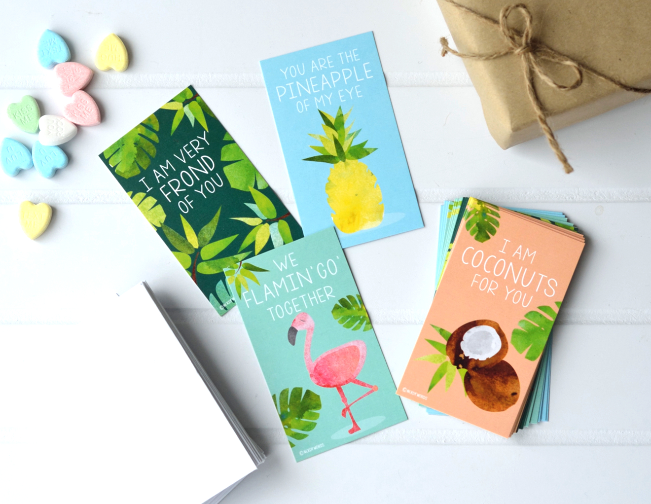 Tropical Themed Valentines - Coconuts, Flamingo, Fern, Pineapple