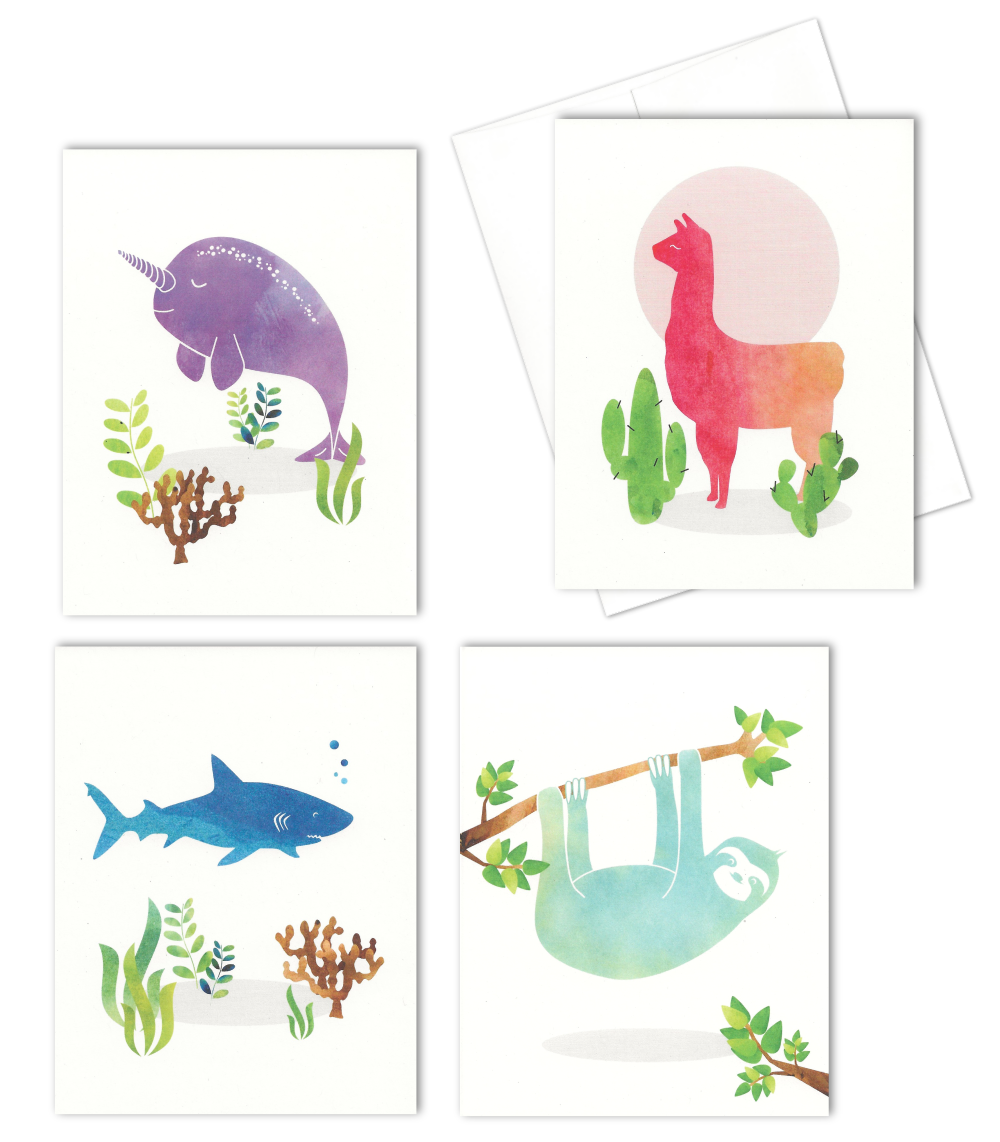 Llama Shark Narwhal Sloth Blank Notecards Cards