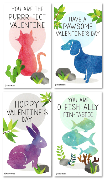 Cat Dog Bunny Rabbit and Fish Valentines Cards